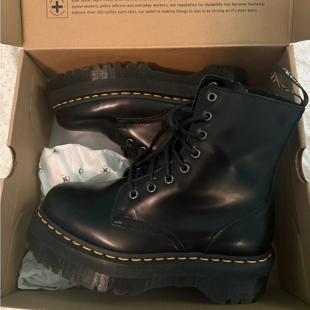 Dr. Martens Shiny Black Boots with Yellow Stitching